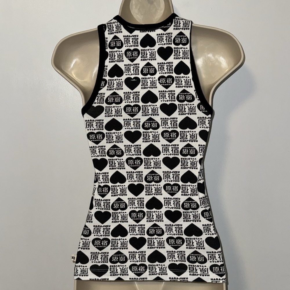 Harajuku Lovers by Gwen Stefani Ringer Tank Top Black & White Hearts S Small Y2K - Picture 2 of 15